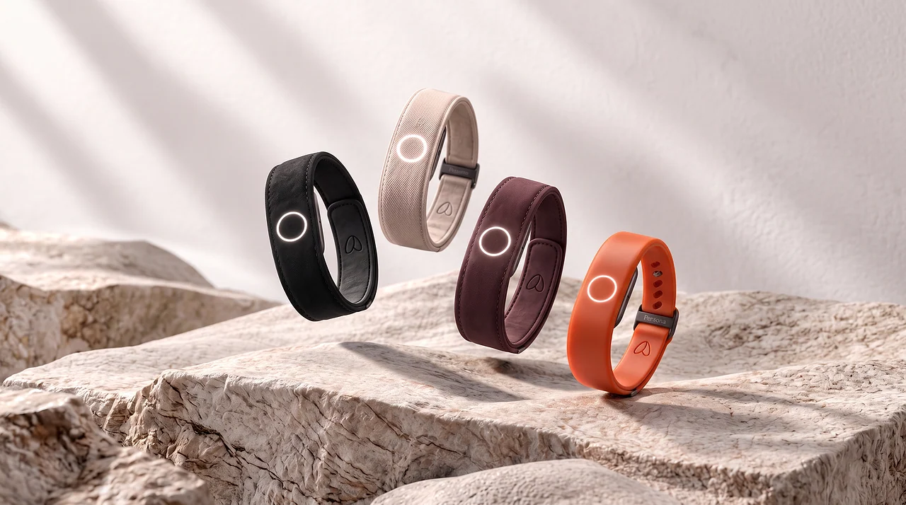 Four Persona Bands on stone: Knit, Liquid and Suede straps