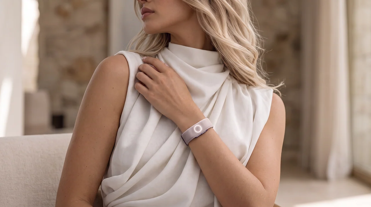 A woman in white wearing Persona Band, Knit in Cortina White