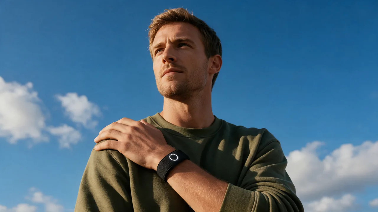A man under a blue sky with a hand on his shoulder, wearing Persona Band in Carbone Black