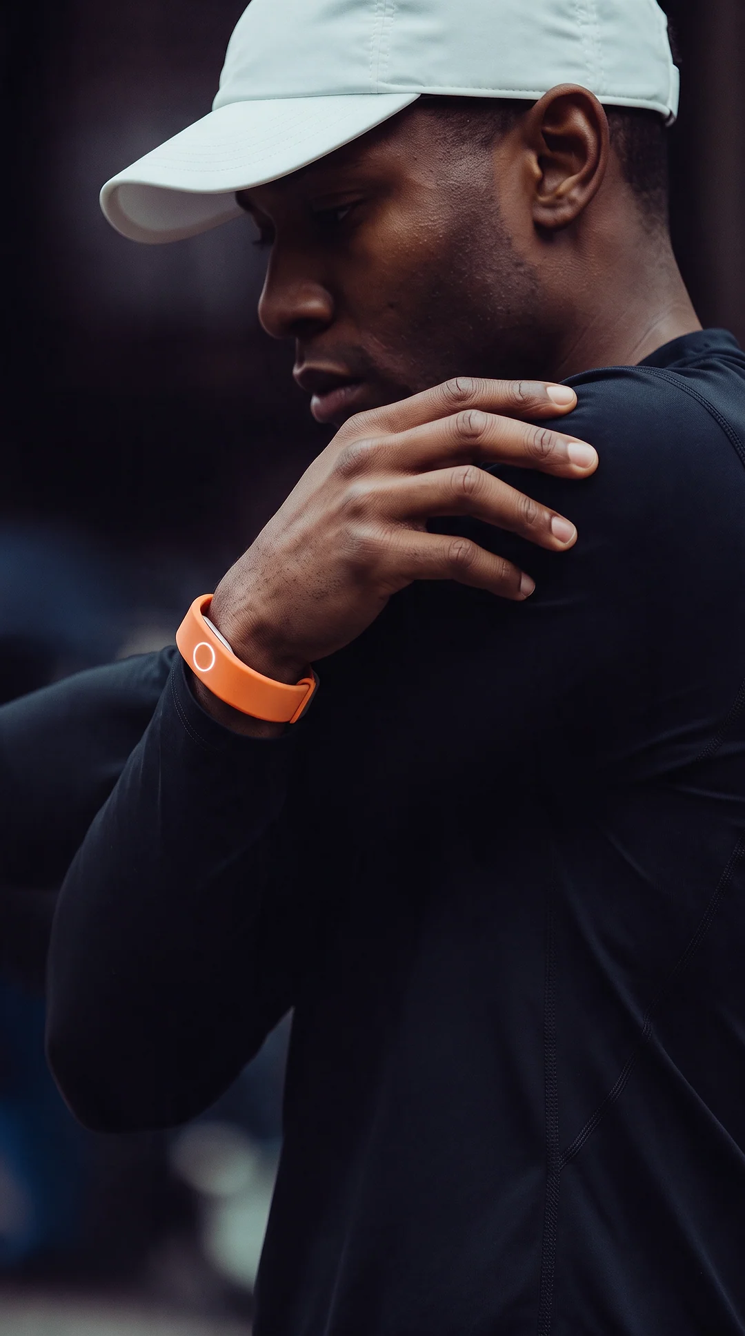 A man in a cap wearing Persona Band, Liquid in Capri Orange