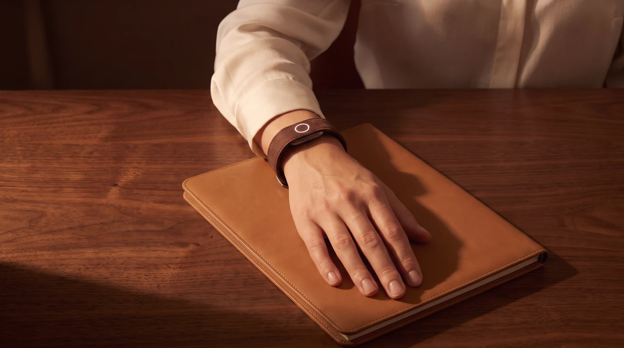 A hand on a leather folio wearing Persona Band, Suede in Brown Mocha