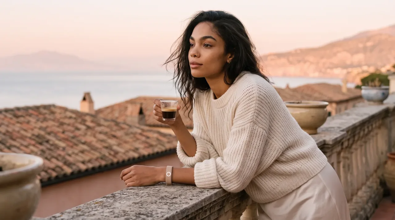A woman on a terrace wearing Persona Band, Suede in Cortina White