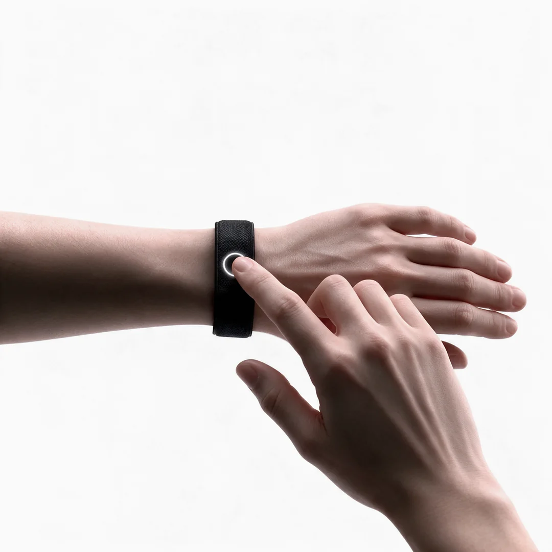 A finger pressing the face of Persona Band on a wrist